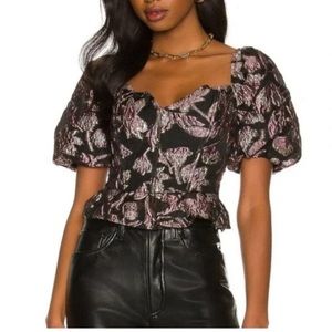 ASTR Label Corset Purple Black Lilac Floral Short Puff Sleeves Top